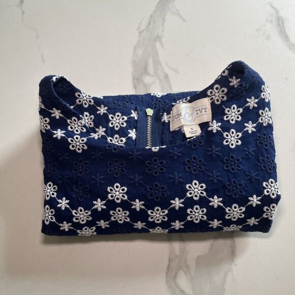 Jun Ivy Dress Embroided Cotton Sz Sm Floral Short Sleeve Mini Shift Lined Blue - Picture 12 of 12